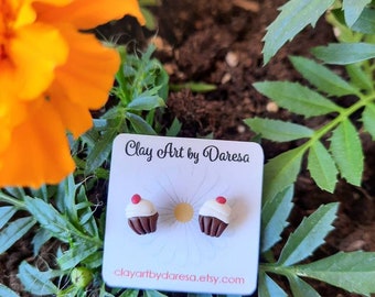 Cherry top CUPCAKE stud earrings polymer clay tiny earrings hypoallergenic invisible posts OR stainless steel posts