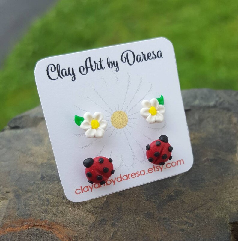 Ladybugs and Daisies stud earrings, polymer clay, dainty earrings, hypoallergenic, invisible posts, Mix and Match earrings 1pr ea bugs & daisys