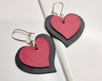 Valentine's Day heart drop earrings, handmade with polymer clay, lightweight, layered, gift for her