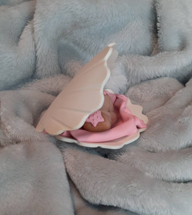 Girl Merbaby seashell cake topper polymer clay keepsake. Scallop shell, pink, seashell, mermaid baby shower gift image 3
