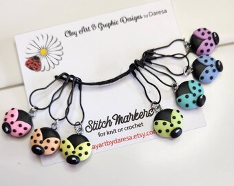 Pastel Rainbow LADYBUGS polymer stitch markers progress keepers Set of 7.  handmade with polymer clay. crochet, knit, gift, unique design