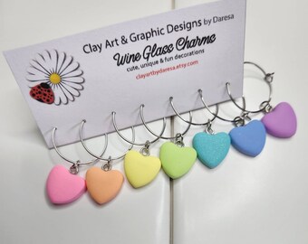 Set of 7 Pastel Rainbow Hearts wine glass charms gift - handmade with polymer clay