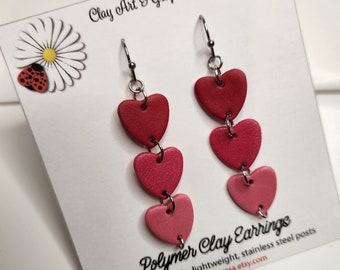 Linked Hearts Valentine drop earrings, made with lightweight polymer clay, gift for her, unique handmade jewelry