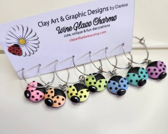 Set of 7 Pastel Rainbow LADYBUGS wine glass charms gift - handmade with polymer clay unique design