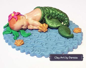 Merbaby, Baby Mermaid nautical baby shower birthday polymer clay keepsake cake topper personalized gift ornament