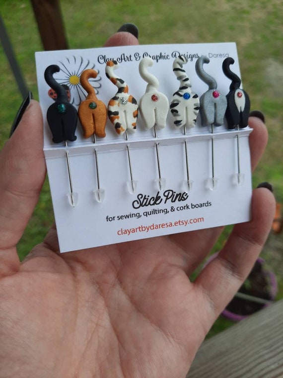 Set of 7 CAT BUTT Stick Pins for Sewing, Quilting, Office, Scrapbooking,  Gift Handmade With Polymer Clay -  Australia