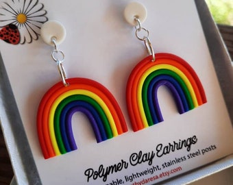 Rainbow drop stud earrings polymer clay dangle earrings choose from hypoallergenic invisible or stainless steel posts rainbow pride LGBTQ