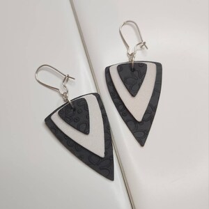 Layered triangle shape drop earrings, handmade with lightweight polymer clay, gift for her, black and white earrings image 2