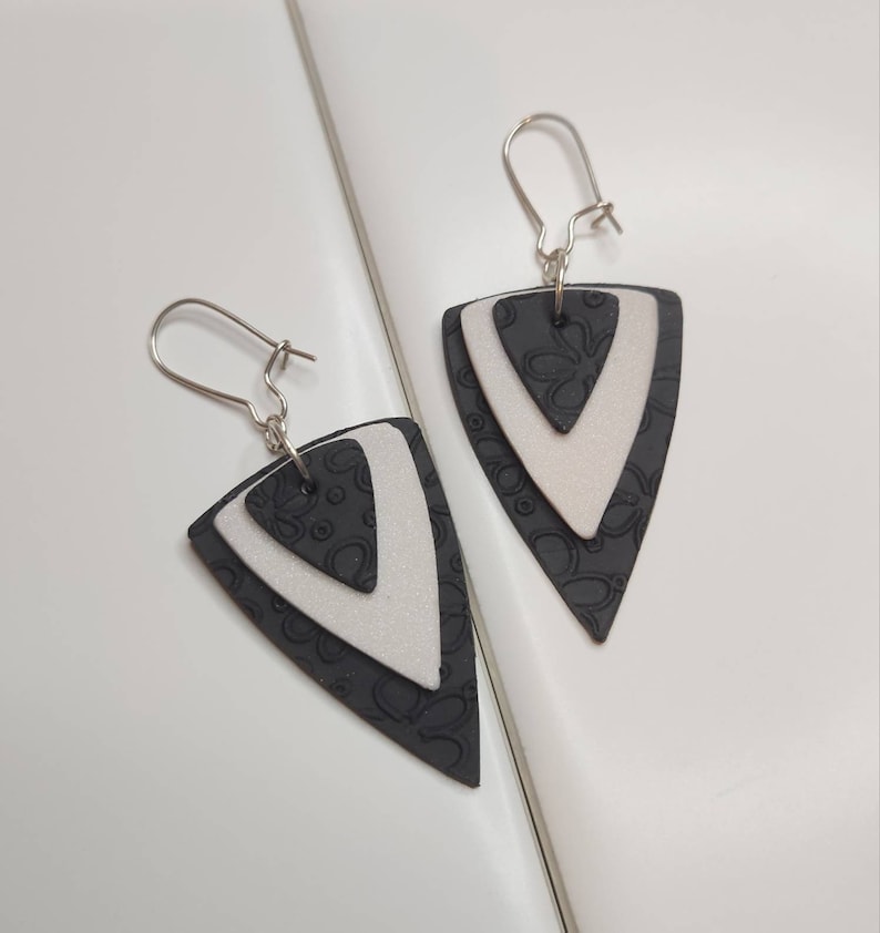 Layered triangle shape drop earrings, handmade with lightweight polymer clay, gift for her, black and white earrings image 2