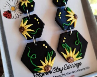 Sunflower dangle earrings,drop earrings, statement earrings, polymer clay, handmade, lightweight, stainless steel posts