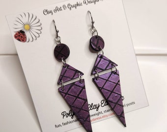 Purple and Black Statement earrings made with lightweight polymer clay, gift for her, unique handmade jewelry