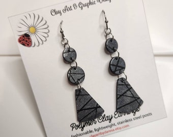 Silver and Black Statement earrings made with lightweight polymer clay, gift for her, unique handmade jewelry