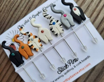 Set of 7 CAT BUTT Stick Pins for sewing, quilting, office, scrapbooking, gift - handmade with polymer clay