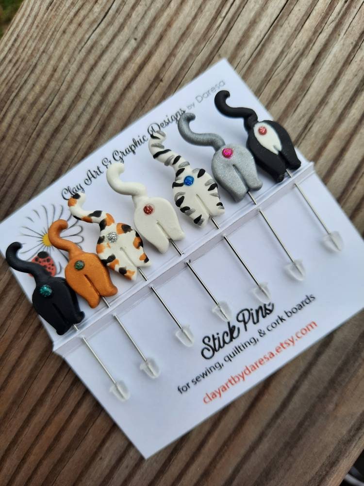 Set of 7 CAT BUTT Stick Pins for sewing, quilting, office, scrapbooking,  gift - handmade with polymer clay