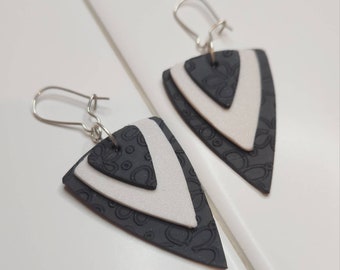 Layered triangle shape drop earrings, handmade with lightweight polymer clay, gift for her, black and white earrings