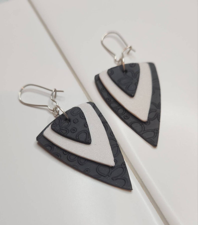 Layered triangle shape drop earrings, handmade with lightweight polymer clay, gift for her, black and white earrings image 1