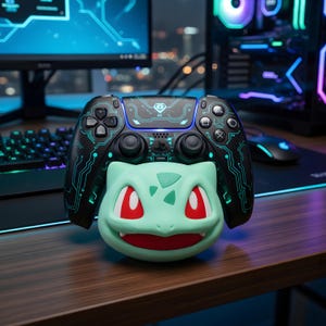 May include: A black and teal gaming controller with a circuit board design, resting on a wooden surface. A green Bulbasaur-themed accessory is attached to the controller. The background includes a computer setup with a keyboard and monitor.