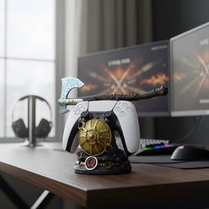 Puede incluir: Un mando de videojuegos blanco y negro con un soporte decorativo con un escudo dorado y un hacha. El mando está sobre un escritorio de madera, con un monitor de ordenador al fondo. El hacha mide unos 25 cm de largo.