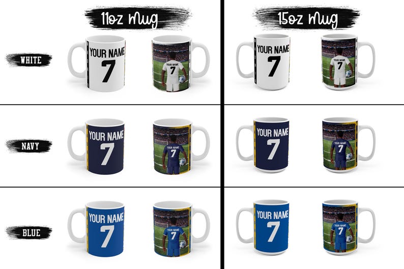 Peut inclure: Mugs en c&eacute;ramique blanches, marine et bleues sur le th&egrave;me du football. Chaque mug affiche le texte "YOUR NAME" et le chiffre "7". Certains mugs ont une image de joueur. Disponibles en tailles 312 ml et 425 ml.