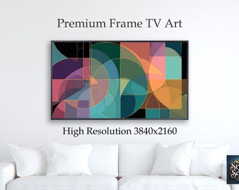 May include: A framed abstract art piece with a geometric design in shades of teal, pink, orange, and purple. The artwork is displayed above a white sofa. Text on the image reads "Premium Frame TV Art" and "High Resolution 3840x2160".