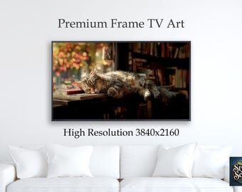 Książka „Drzemka kota w oknie biblioteki” na potrzeby The Frame TV Art | Malarstwo cyfrowe | Natychmiastowe pobranie | Plik Samsung 4K JPEG