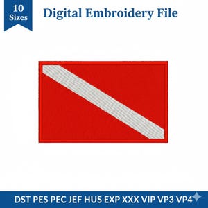 Puede incluir: Un parche rectangular rojo con una franja diagonal blanca, un borde rojo y el texto "Digital Embroidery File". La imagen también incluye el texto "10 Sizes" y abreviaturas de tipo de archivo.