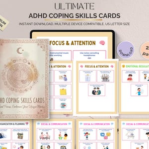 Könnte beinhalten: ADHS-Bewältigungsfähigkeiten-Karten mit Illustrationen und Text. Die Karten sollen bei Konzentration, Aufmerksamkeit, Emotionsregulation, Organisation, Planung und sozialer Kommunikation helfen. Sofortiger Download und kompatibel mit mehreren Geräten.