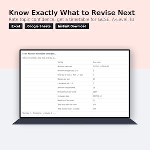 Exam Revision Timetable Generator Excel, GCSE A-Level IB Study Planner with Topic Confidence Tracker and Past Paper Log
