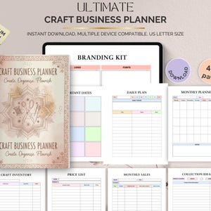 Könnte beinhalten: Ein Craft-Business-Planer mit einem weichen Cover im Aquarellstil, das ein Mandala-Design mit Schere und Faden zeigt. Der Planer enthält Abschnitte für Branding, Tages- und Monatsplanung sowie Inventarverfolgung. Der Text lautet "Ultimate Craft Business Planner".