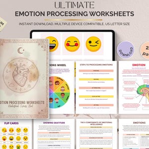 Könnte beinhalten: Eine Sammlung von Arbeitsblättern zur Emotionsverarbeitung mit dem Titel "ULTIMATE EMOTION PROCESSING WORKSHEETS". Die Arbeitsblätter umfassen ein Cover mit einer Herzillustration, ein Emotionsrad und verschiedene Seiten mit Diagrammen und Ausfüllbereichen. Der Text "INSTANT DOWNLOAD, MULTIPLE DEVICE COMPATIBLE, US LETTER SIZE" ist ebenfalls sichtbar.
