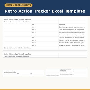 Könnte beinhalten: Eine digitale Tabellenvorlage mit dem Titel Retro Action Tracker Excel Template für Excel und Google Sheets. Die Benutzeroberfläche zeigt ein Retro Action Follow-Through Log mit acht nummerierten Schritten für Teameinstellungen und Aufgaben.