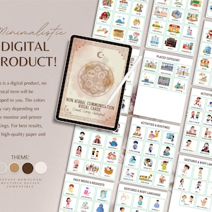 Könnte beinhalten: Ein digitales Produkt mit visuellen Kommunikationskarten. Das Bild zeigt ein Tablet mit Karten mit Illustrationen und Text sowie gedruckte Karten. Die Karten decken verschiedene Kategorien ab, darunter Orte, Aktivitäten und tägliche Bedürfnisse. Der Text auf dem Tablet lautet "Non Verbal Communication Visual Cards".