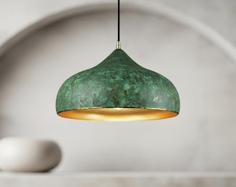 Iluminación rústica de cobre para granja, lámpara de techo tipo domo de cobre, pátina verde hecha a mano, lámpara colgante de cobre, iluminación para isla de cocina, pantallas de lámparas tipo domo