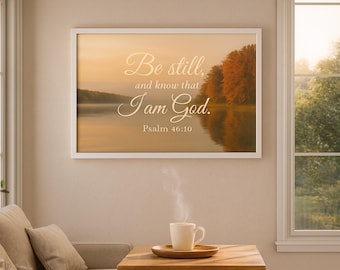 May include: A framed landscape art print with the text "Be still, and know that I am God. Psalm 46:10." The artwork depicts a serene lake scene with trees and a warm, golden color palette. A white coffee cup sits on a wooden tray.