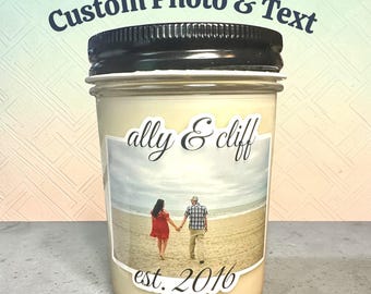 Custom Est Candle pick your scent your photo and text - 100% soy 8oz