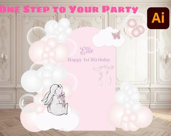 Bunny Birthday Backdrop, Pink Bunny Balloon Backdrop, Bunny Party Decoration, Pink Bunny Girl Birthday Backdrop, Digital Download