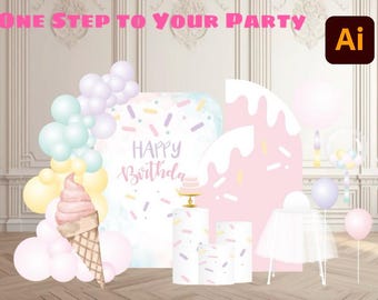 Ice Cream Birthday Backdrop, Birthday Balloon Backdrop, Ice Cream Party Decoration, Pastel Colour Birthday Backdrop