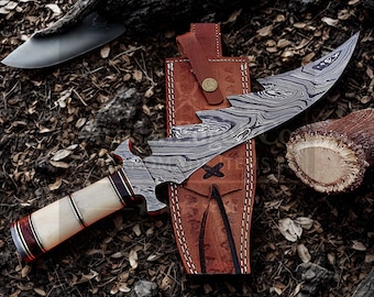 Hand Forged Damascus Steel Hunting Knife, Stag Horn Handle, Custom Handmade Outdoor Knife