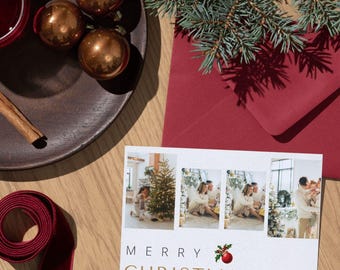 Tarjeta navideña con varias fotos / Plantilla moderna y minimalista para tarjetas navideñas / Editable en Canva / Tarjeta familiar de Feliz Navidad / Descarga instantánea e imprimible