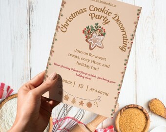 Invitación para fiesta de decoración de galletas navideñas, temática de pan de jengibre (plantilla editable de Canva)