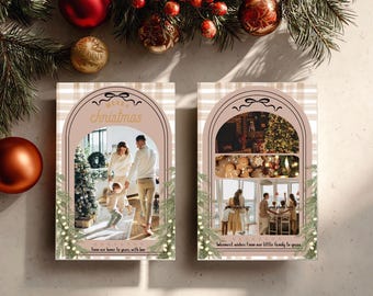 Plantilla de tarjeta navideña con arco neutro / Tarjeta familiar moderna con foto / Tarjeta navideña editable / Tarjeta navideña rústica con cuadros beige / Descarga instantánea en Canva