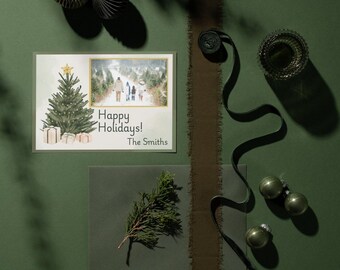 Tarjeta navideña con acuarela verde / Plantilla de tarjeta navideña con foto / Tarjeta navideña rústica moderna / Editable en Canva / Saludo familiar imprimible