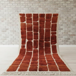 Hand knotted Moroccan Modern Terracotta Patchwork Shag Rug | Abstract Boho Area Rug, Living Room Carpet, Cozy Neutral Home Decor Accent
