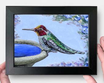 Original Hummingbird Painting with Glitter, Unique Wall Art & Bookshelf Decor, 4x6" Framed