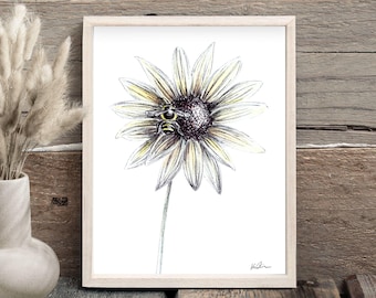 Bumble Bee on Sunflower Mixed Media Drawing & Watercolor, Floral Wall Art and Shelf Styling