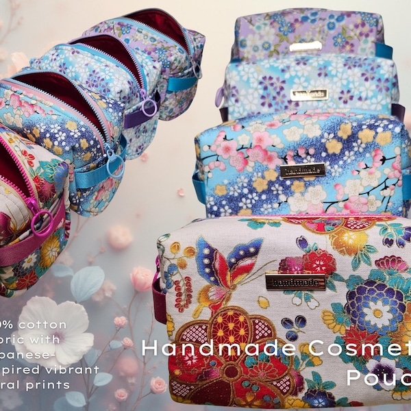Handmade Cotton Cosmetic Pouch, Japanese Floral Print