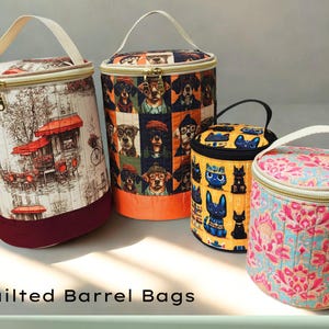 Quilted handmade barrel toiletry bag - cylinder zippered pouch