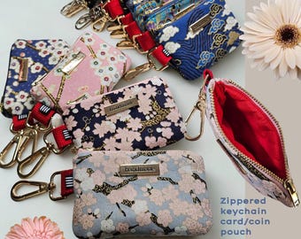 Handmade petite keychain card and coin pouch - cotton fabric with Japanese inspired prints
