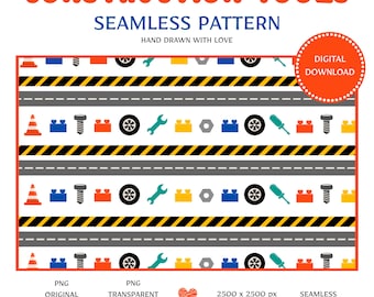Construction Tools Seamless Pattern, Hand Drawn Road Work Fabric Design (Digital Download)