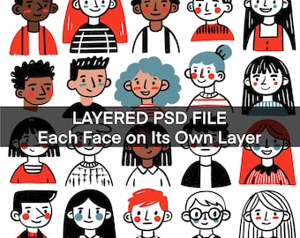 20 Hand-Drawn Character Faces PSD | Editable Illustrated People Clipart | Layered Digital File for Creators